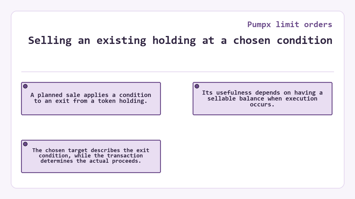 Visual summary: Pumpx limit orders: Selling an existing holding at a chosen condition